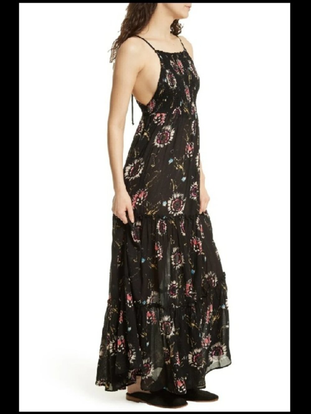 Free People Intimately Black Boho Floral Garden Party Maxi Dress Sz M